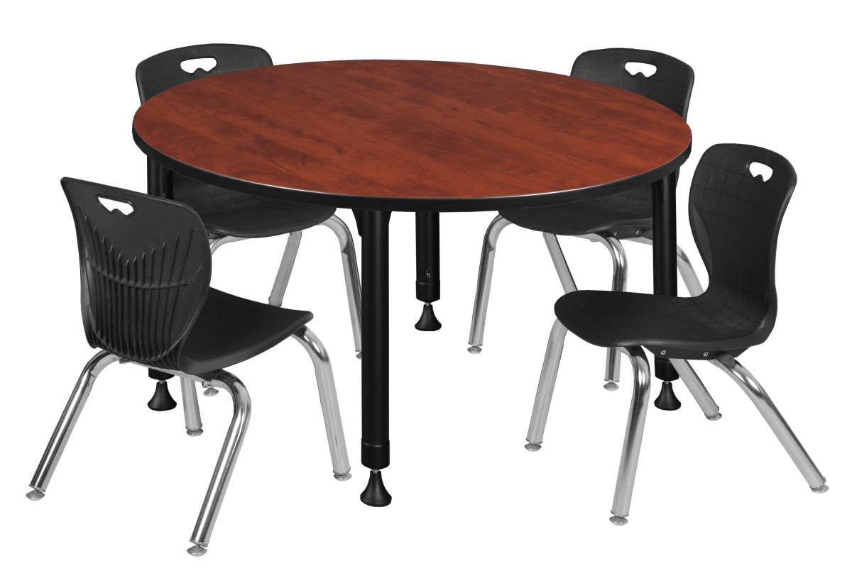 Kee 48 in. Round Height Adjustable Classroom Table - Cherry & 4 Andy 12-in Stack Chairs, Black