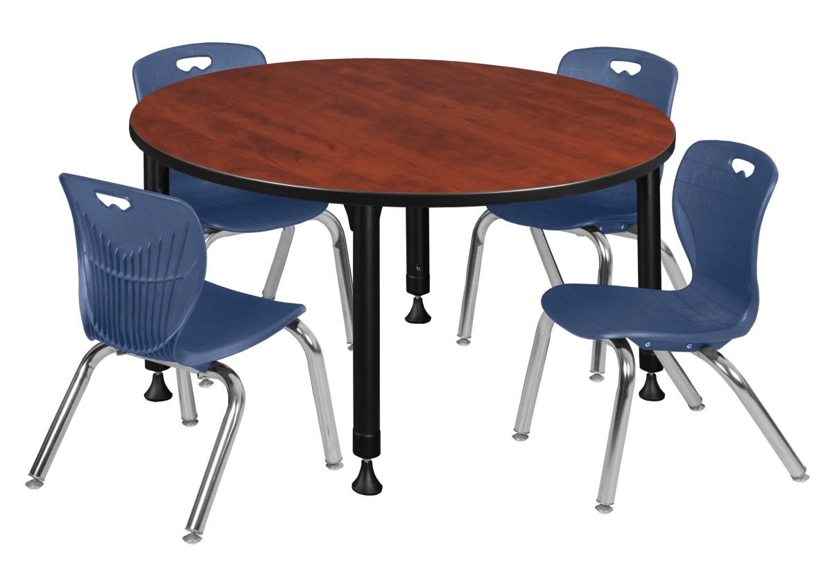 TB48RNDCHAPBK45NV 48 in. Cherry Kee Round Height Adjustable Classroom Table with 4 12 in. Navy Blue Andy Stack Chairs