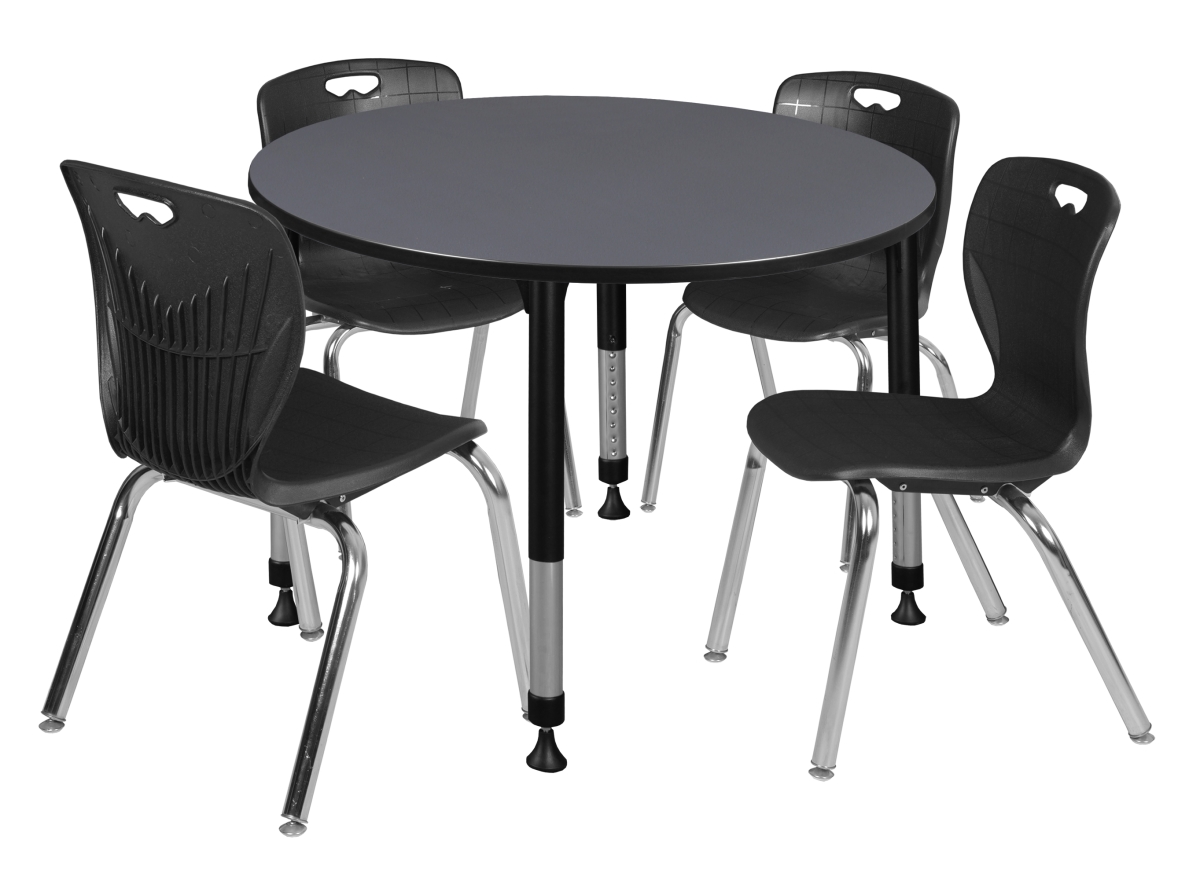 48 in. Gray Kee Round Height Adjustable Classroom Table with 4 18 in. Black Andy Stack Chairs