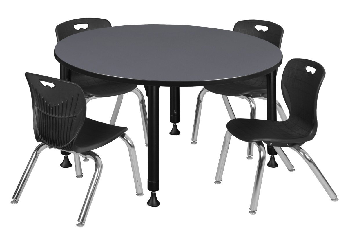 Kee 48 in. Round Height Adjustable Classroom Table - Grey & 4 Andy 12-in Stack Chairs, Black