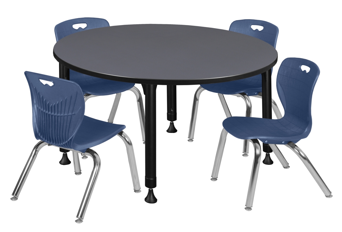 TB48RNDGYAPBK45NV 48 in. Gray Kee Round Height Adjustable Classroom Table with 4 12 in. Navy Blue Andy Stack Chairs