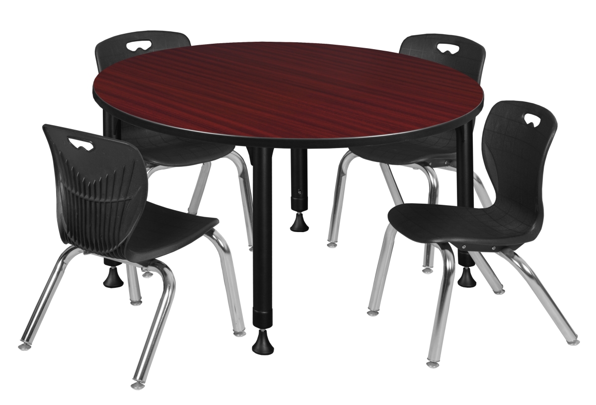 Kee 48 in. Round Height Adjustable Classroom Table - Mahogany & 4 Andy 12-in Stack Chairs, Black