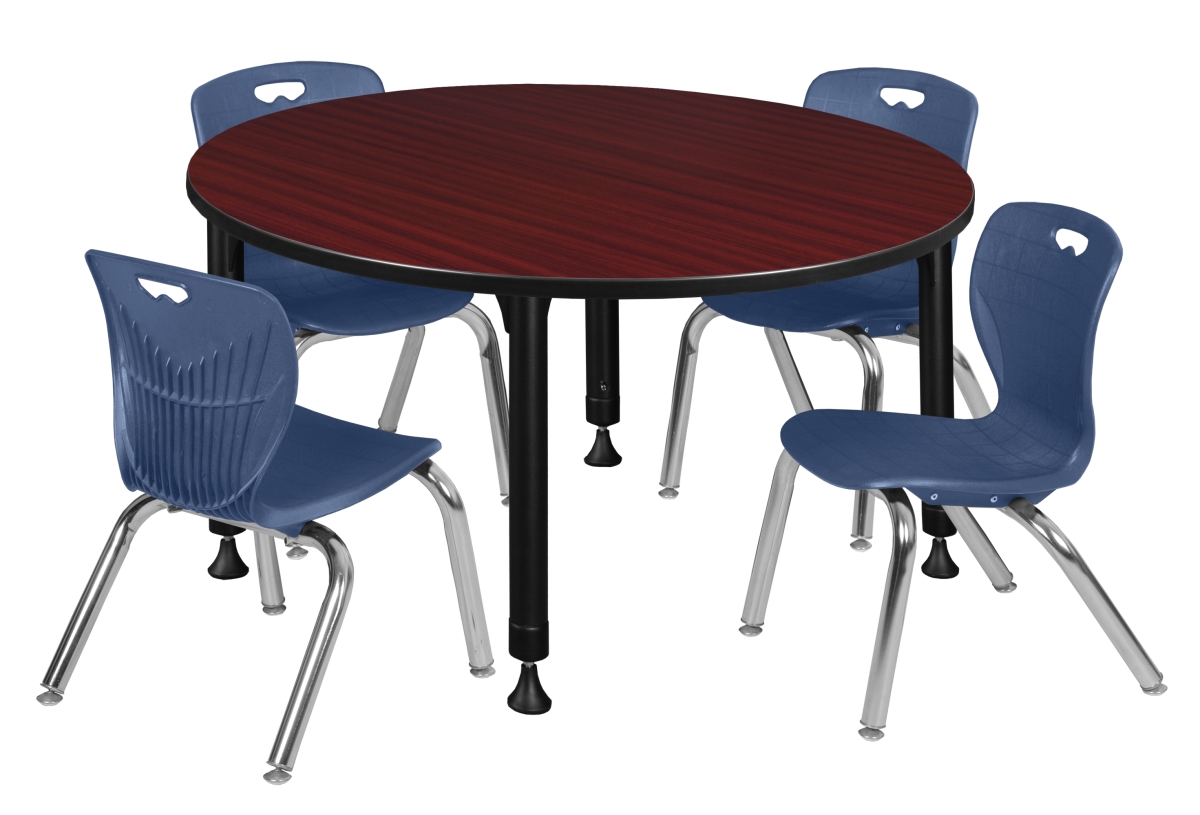 Kee 48 in. Mahogany Round Height Adjustable Classroom Table & 12 in. Navy Blue 4 Andy Stack Chairs -  GSI Homestyles, HO3724979