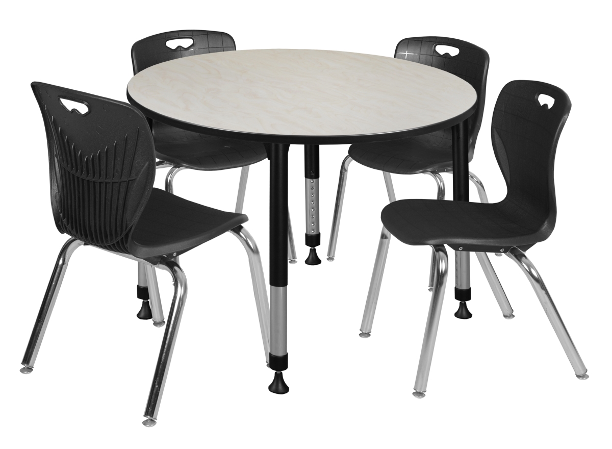 TB48RNDPLAPBK40BK 48 in. Maple Kee Round Height Adjustable Classroom Table with 4 18 in. Black Andy Stack Chairs