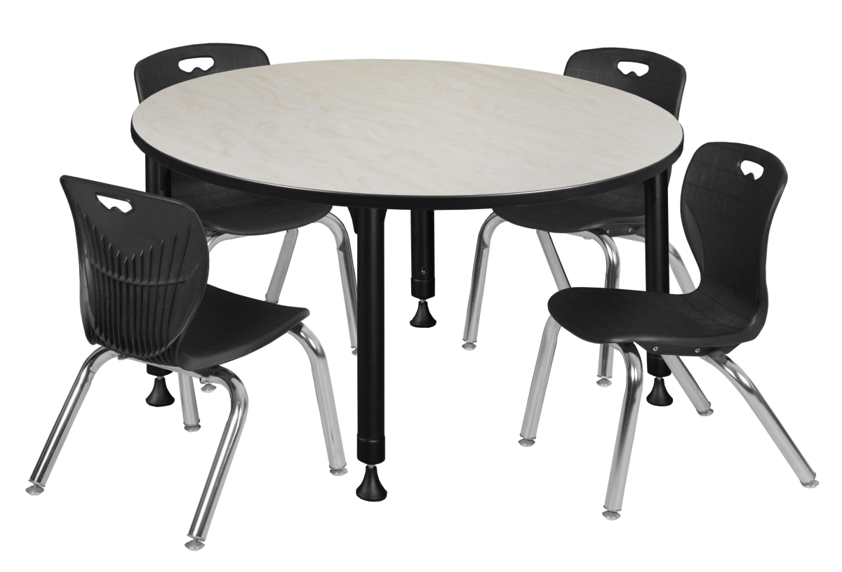 Kee 48 in. Round Height Adjustable Classroom Table - Maple & 4 Andy 12-in Stack Chairs, Black