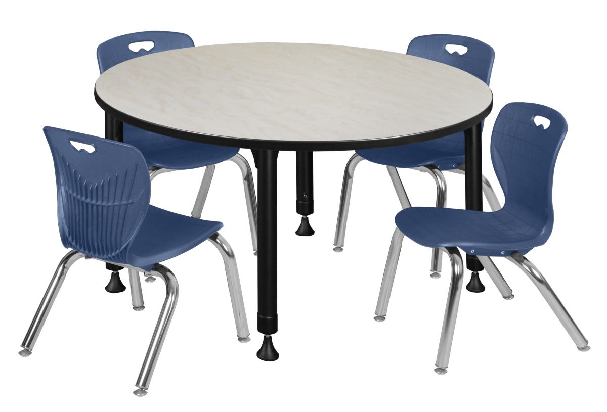 TB48RNDPLAPBK45NV 48 in. Maple Kee Round Height Adjustable Classroom Table with 4 12 in. Navy Blue Andy Stack Chairs