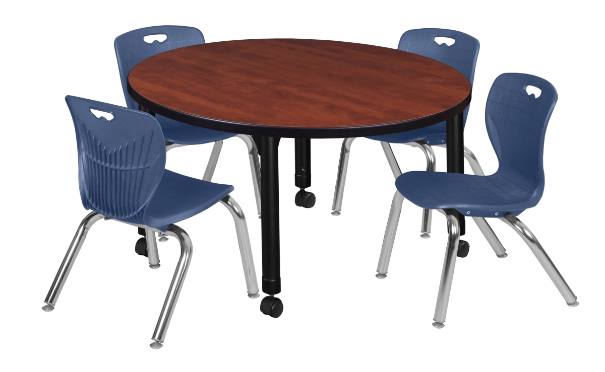 Kee 42 in. Cherry Round Height Adjustable Classroom Table & 12 in. Navy Blue 4 Andy Stack Chairs