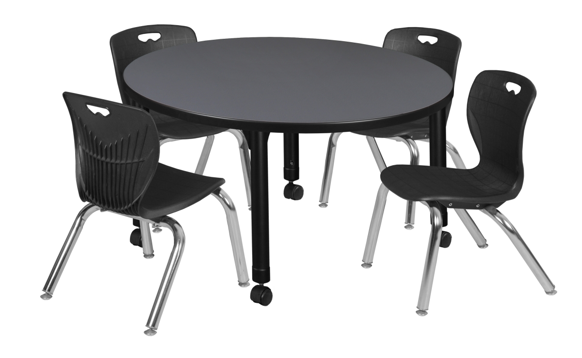Kee 42 in. Round Height Adjustable Classroom Table - Grey & 4 Andy 12-in Stack Chairs, Black
