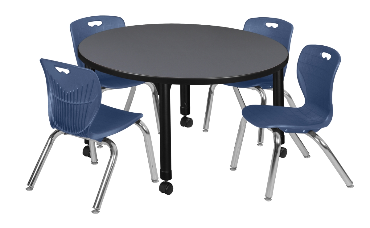Kee 42 in. Grey Round Height Adjustable Classroom Table & 12 in. Navy Blue 4 Andy Stack Chairs