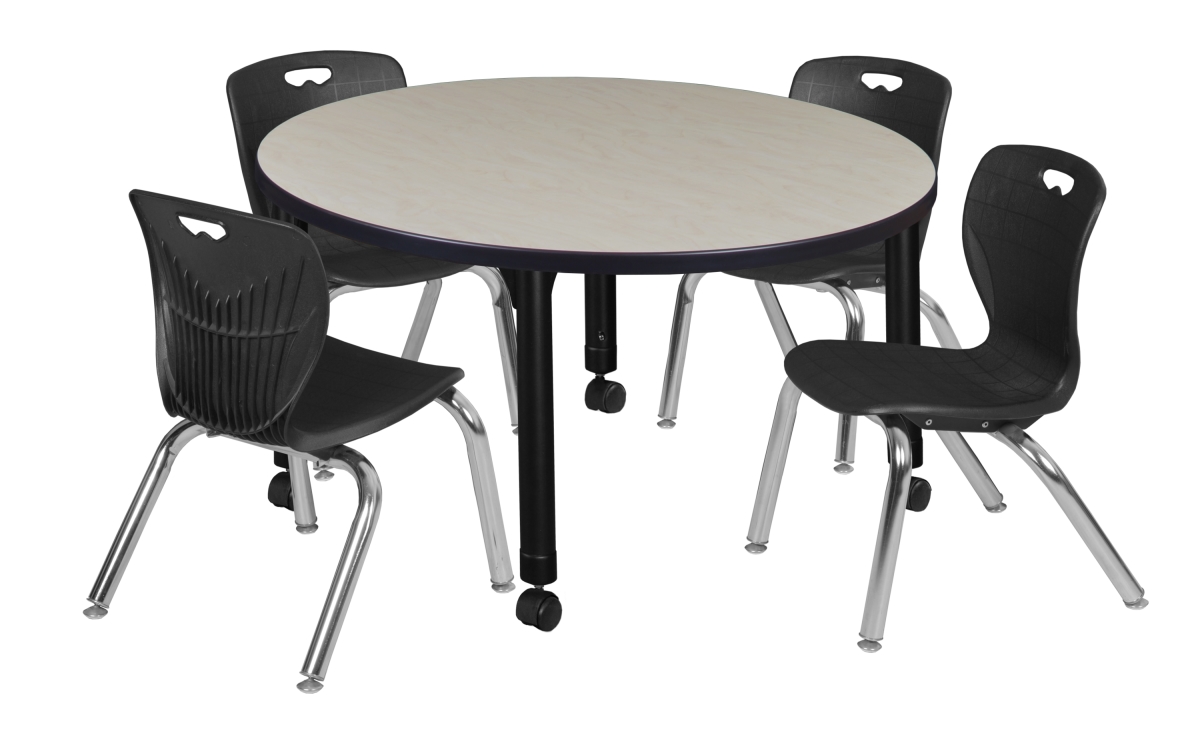 Kee 42 in. Round Height Adjustable Classroom Table - Maple & 4 Andy 12-in Stack Chairs, Black