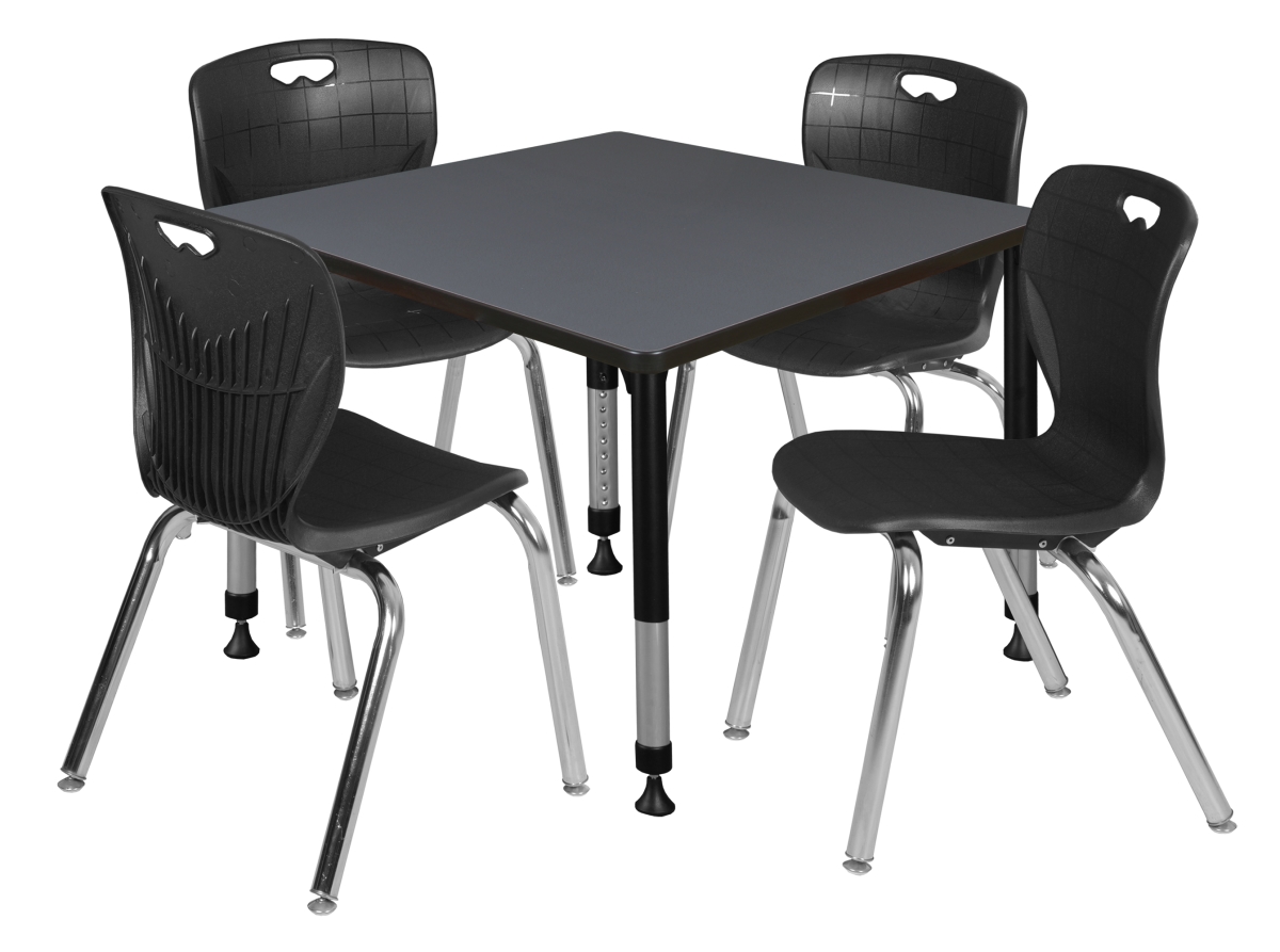36 in. Kee Square Height Adjustable Classroom Table, Grey & 4 Andy 18 in. Stack Chairs - Black