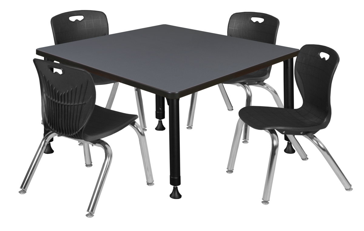 36 in. Kee Square Height Adjustable Classroom Table, Grey & 4 Andy 12 in. Stack Chairs - Black