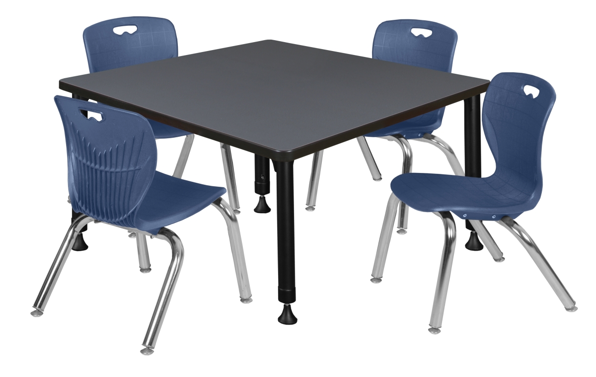 36 in. Kee Square Height Adjustable Classroom Table, Grey & 4 Andy 12 in. Stack Chairs - Navy Blue