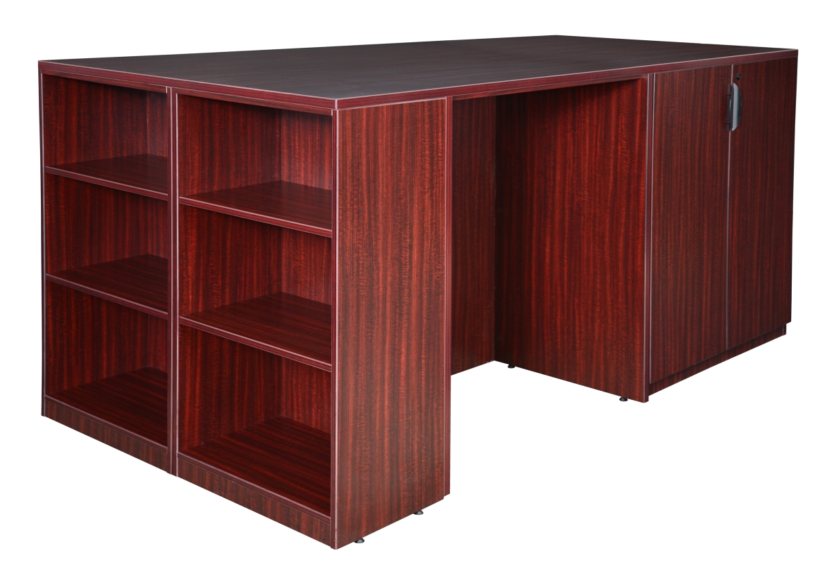 Legacy Stand Up Desk & 3 Storage Cabinet Quad with Bookcase End, Mahogany
