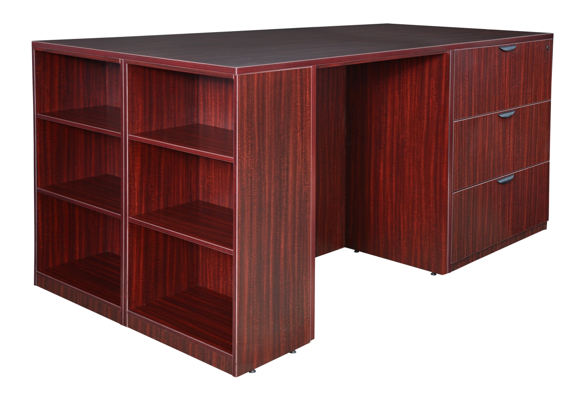 Legacy Stand Up Desk & 3 Lateral File Quad with Bookcase End, Mahogany