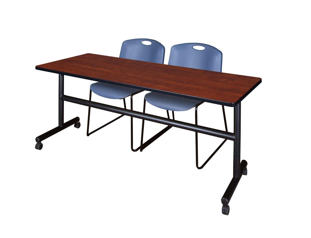 72 in. Kobe Flip Top Mobile Training Table with Cherry & Blue 2 Zeng Stack Chairs