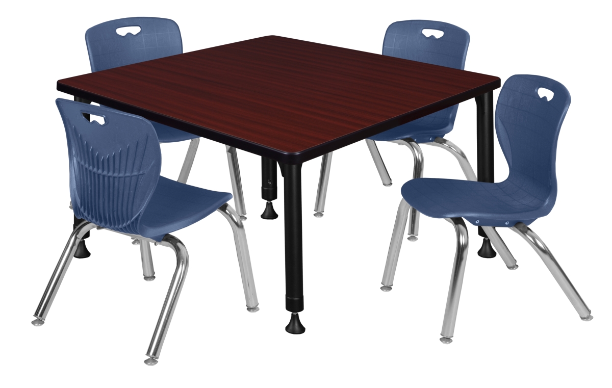 36 in. Kee Square Height Adjustable Classroom Table, Mahogany & 4 Andy 12 in. Stack Chairs - Navy Blue -  GSI Homestyles, HO3174607