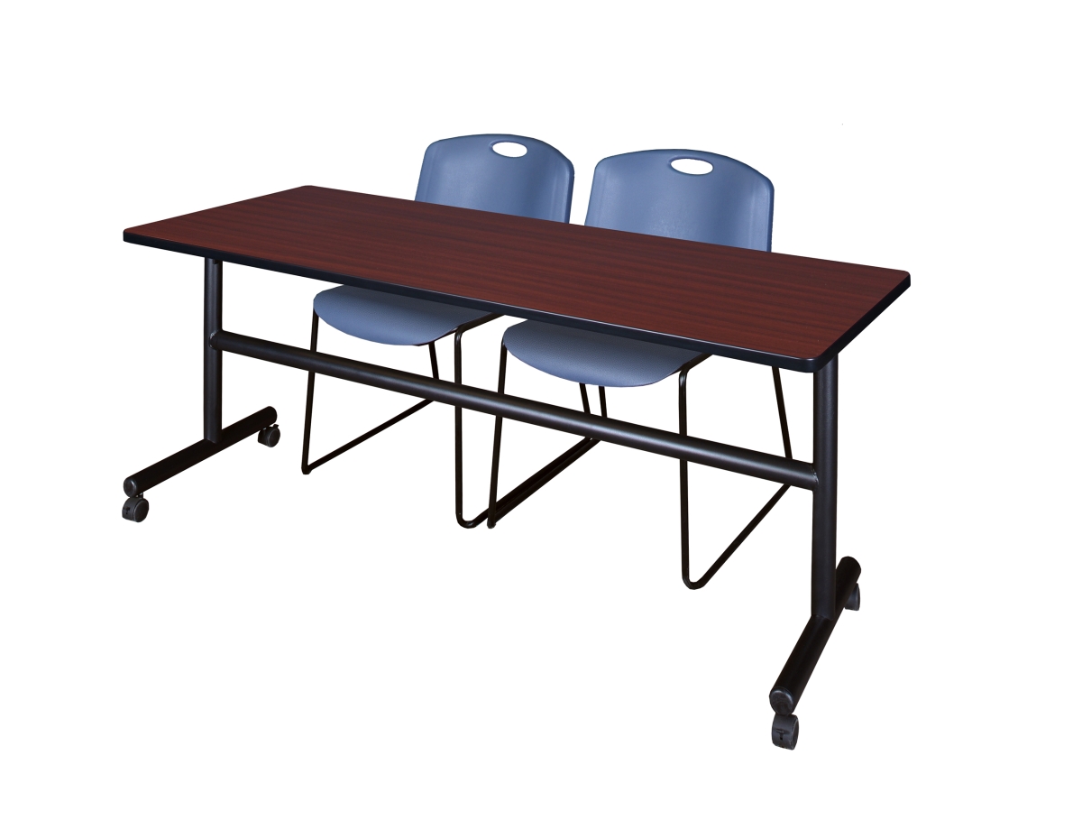 72 in. Kobe Flip Top Mobile Training Table with Mahogany & Blue 2 Zeng Stack Chairs