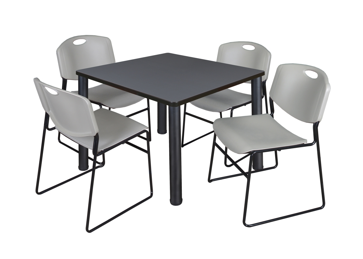 36 in. Kee Square Breakroom Table & 4 Zeng Stack Chairs, Grey & Black