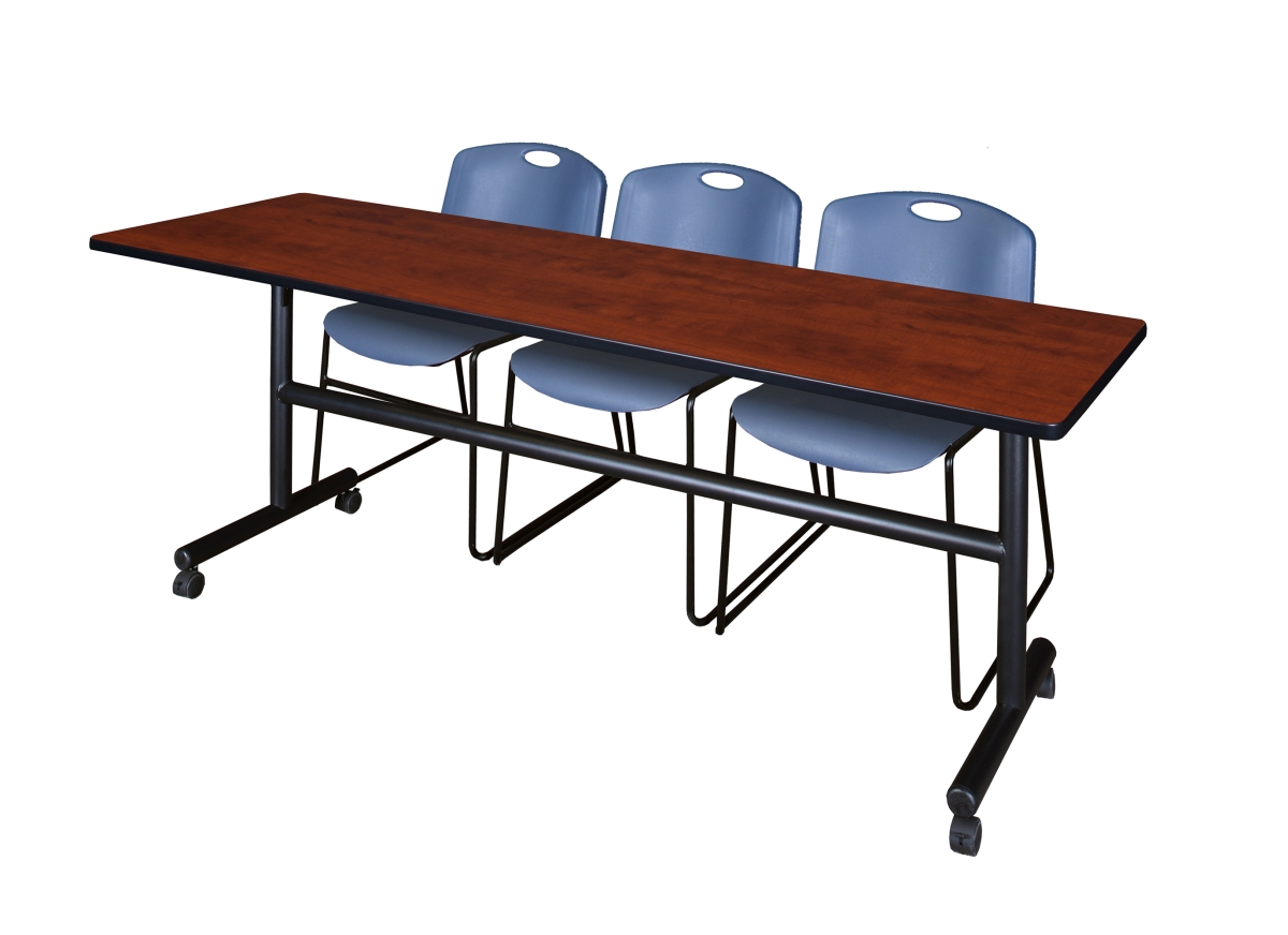 84 in. Kobe Flip Top Mobile Training Table with Cherry & Blue 3 Zeng Stack Chairs
