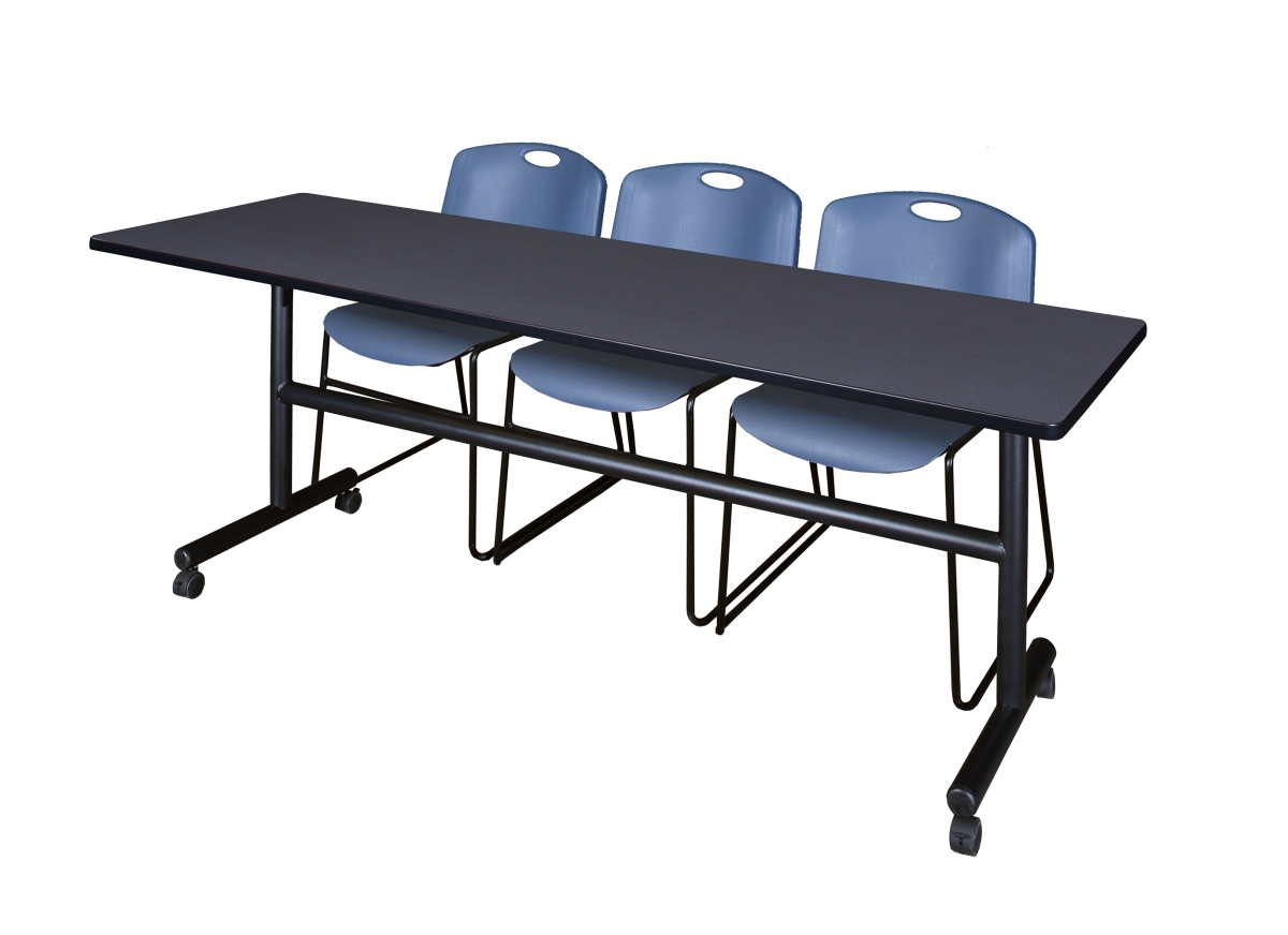 MKFT8424GY44BE 84 in. Kobe Flip Top Mobile Training Table with Grey & Blue 3 Zeng Stack Chairs -  Regency