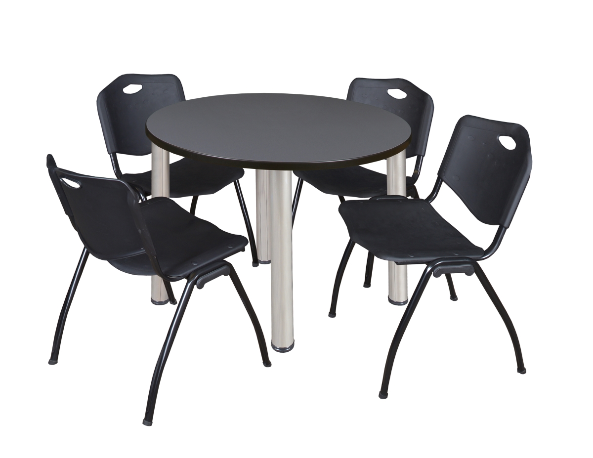 42 in. Kee Round Breakroom Table & 4 M Stack Chairs, Grey & Chrome & Black
