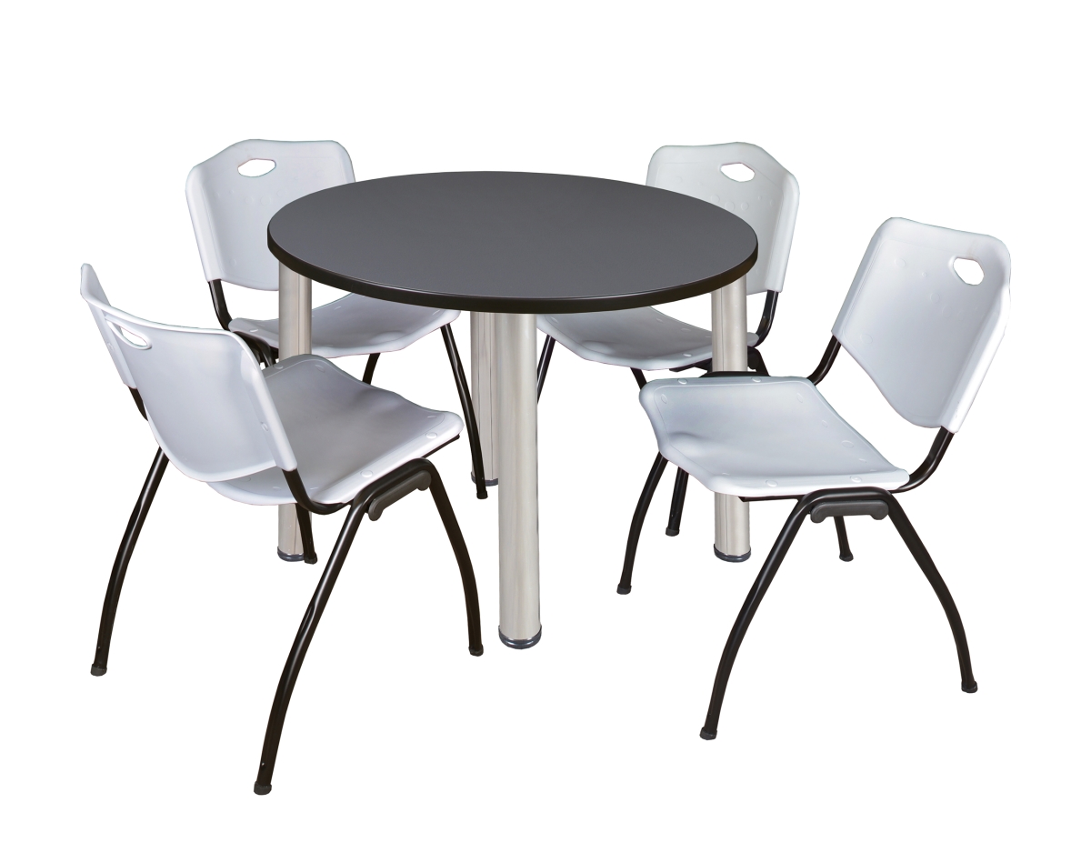 42 in. Kee Round Breakroom Table & 4 M Stack Chairs, Grey & Chrome