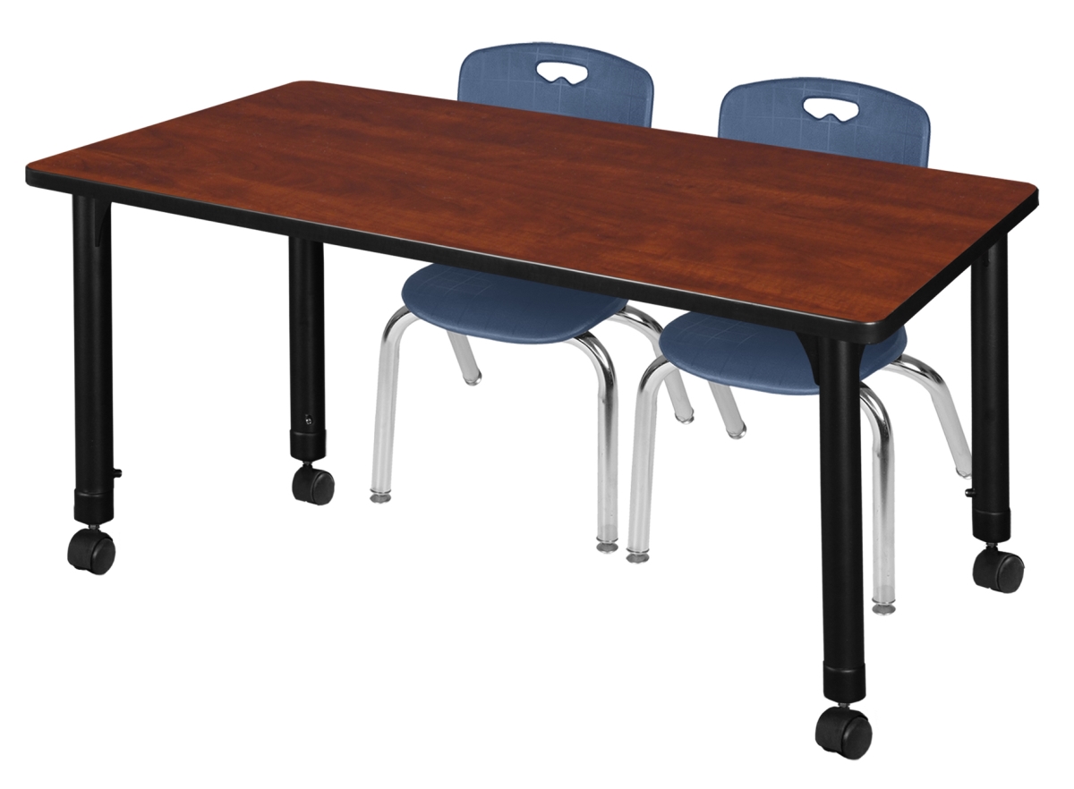 Kee 48 x 24 in. Cherry Height Adjustable Mobile Classroom Table & 12 in. Navy Blue 2 Andy Stack Chairs