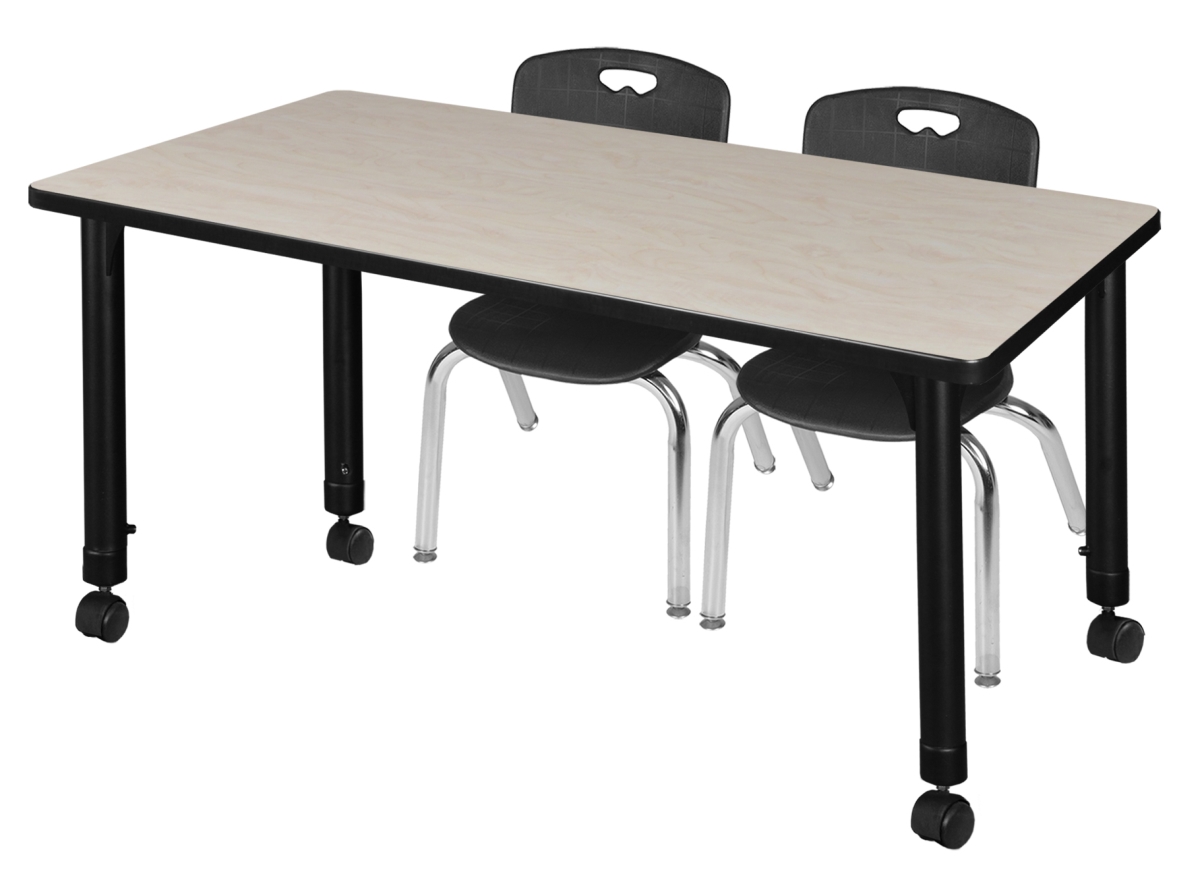 Kee 48 x 24 in. Rectangular Height Adjustable Mobile Classroom Table - Maple & 2 Andy 12-in Stack Chairs, Black