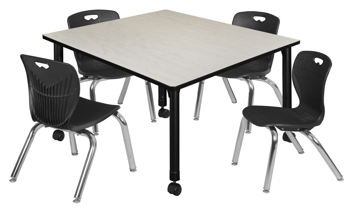 TB4848PLAPCBK45BK 48 in. Kee Square Height Adjustable Mobile Classroom Table, Maple & 4 4 Andy 12 in. Stack Chairs - Black