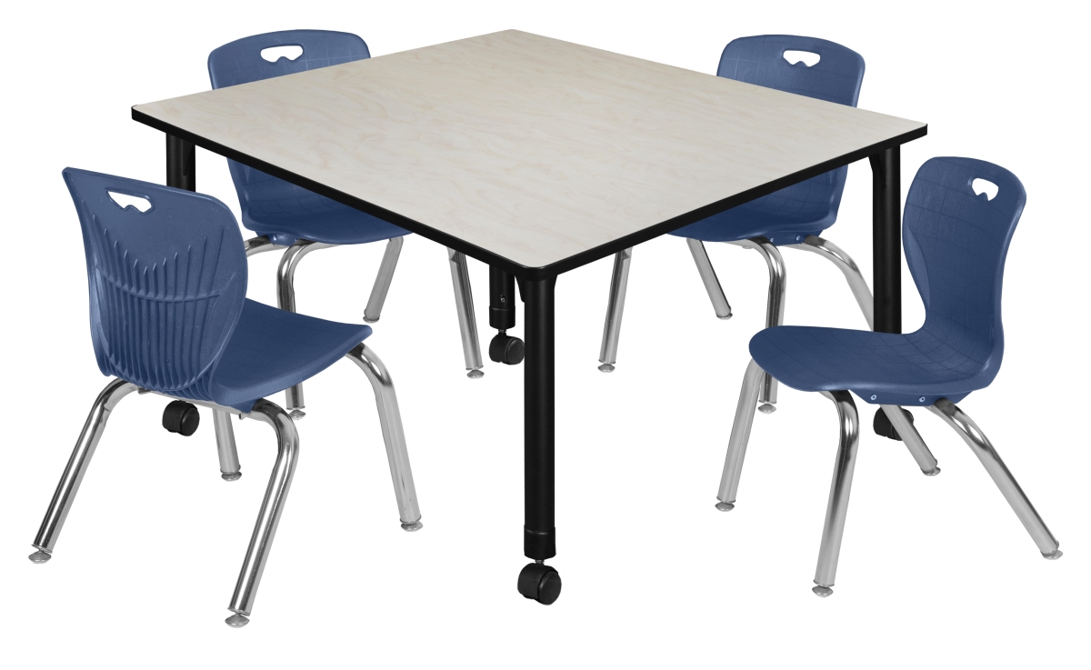 TB4848PLAPCBK45NV 48 in. Kee Square Height Adjustable Mobile Classroom Table, Maple & 4 4 Andy 12 in. Stack Chairs - Navy Blue