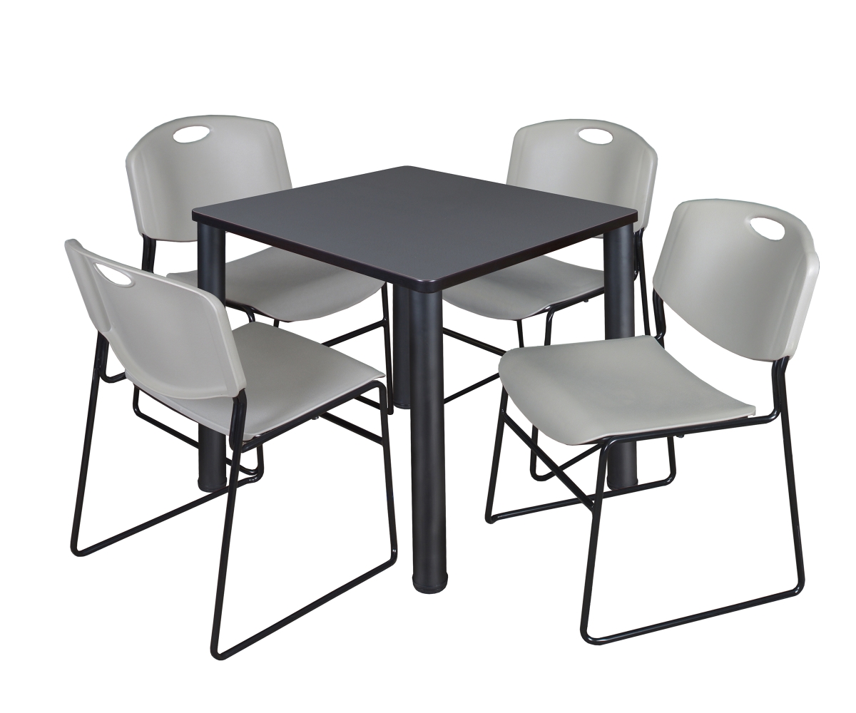 30 in. Kee Square Breakroom Table & 4 Zeng Stack Chairs, Grey, Black & Grey