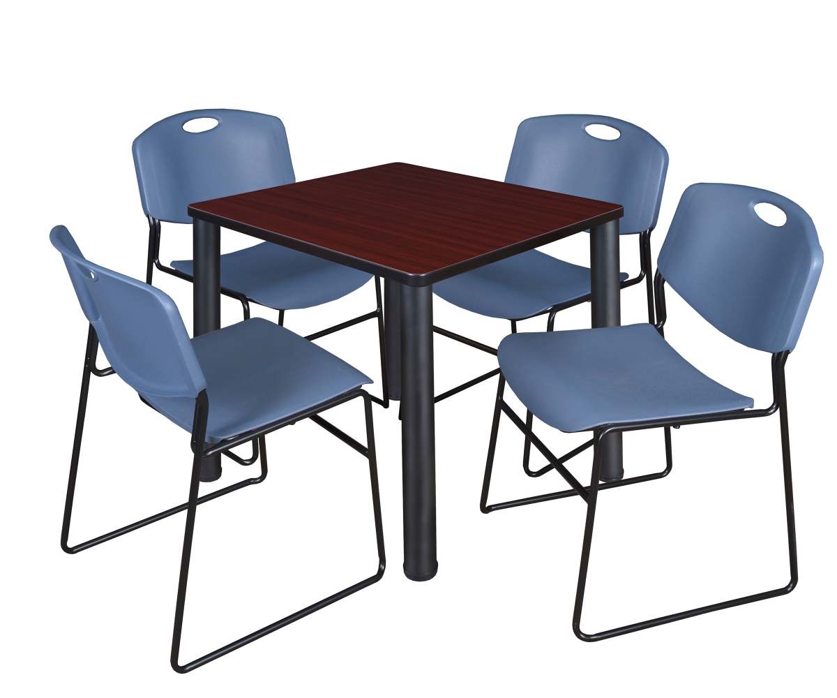 30 in. Kee Square Breakroom Table & 4 Zeng Stack Chairs, Mahogany, Black & Blue