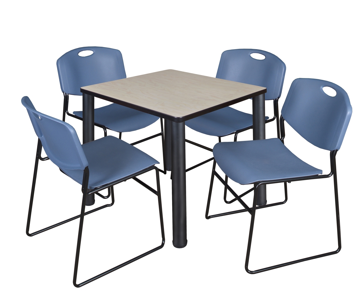 TB3030PLBPBK44BE 30 in. Kee Square Breakroom Table & 4 Zeng Stack Chairs, Maple, Black & Blue
