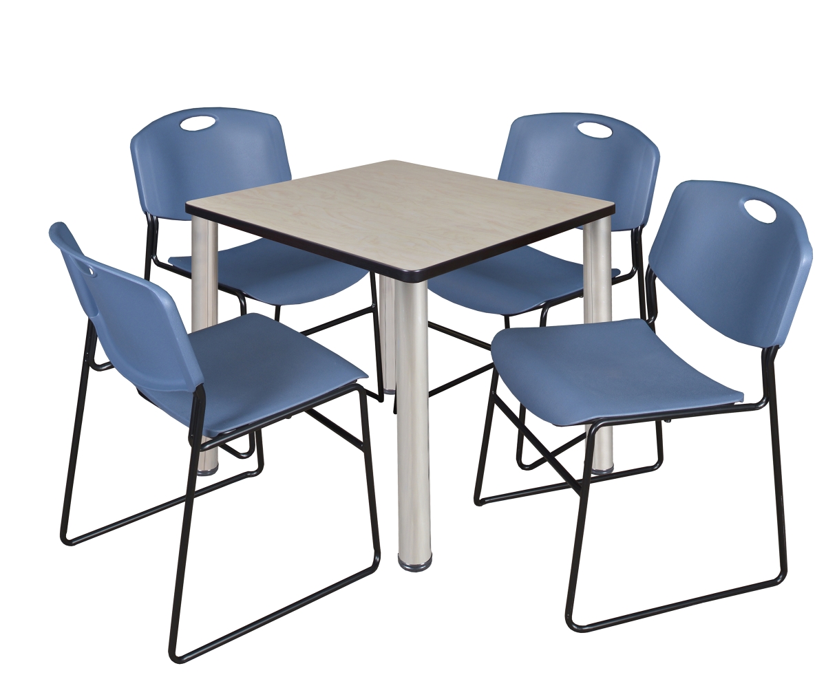 TB3030PLBPCM44BE 30 in. Kee Square Breakroom Table & 4 Zeng Stack Chairs, Maple, Chrome & Blue