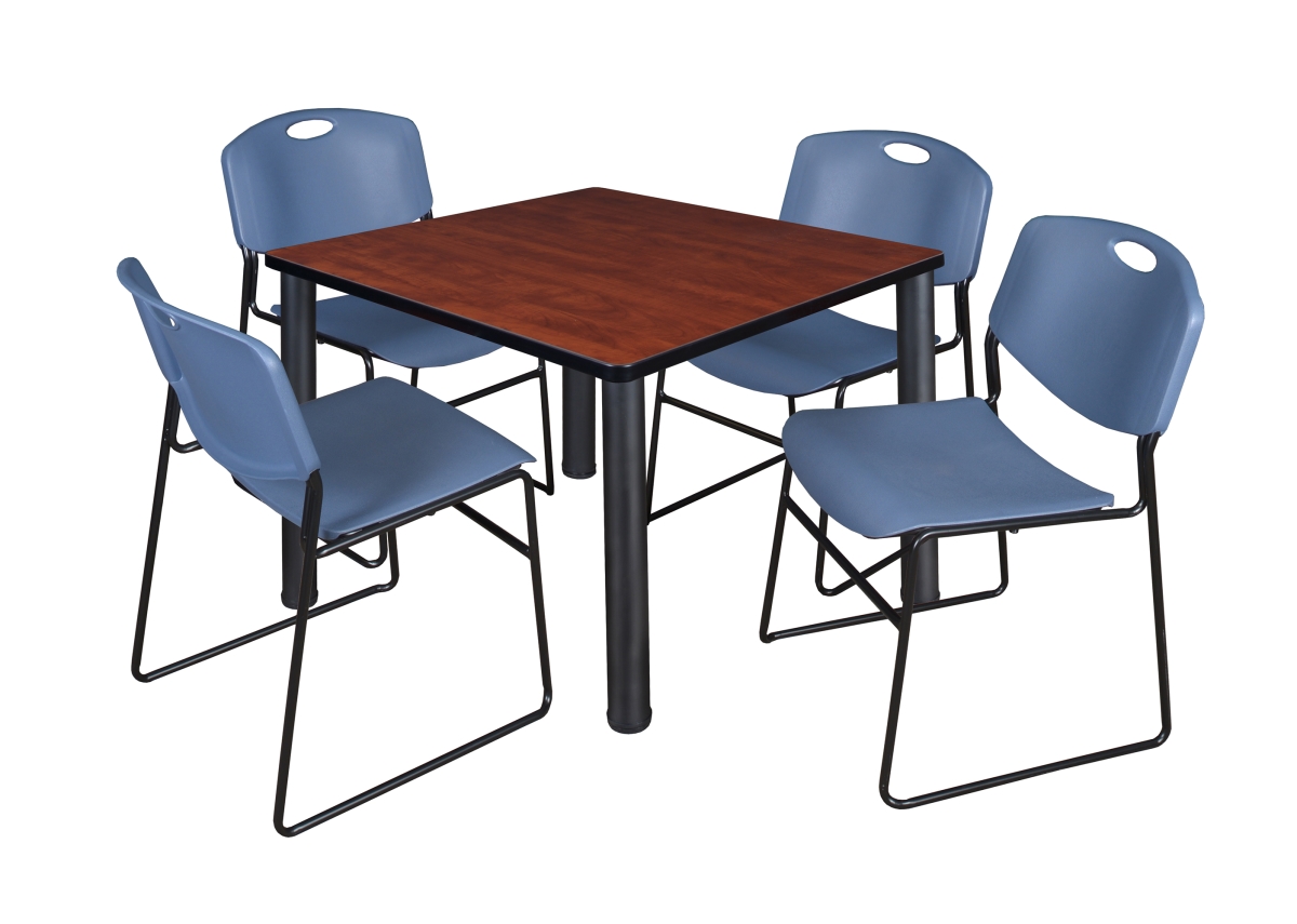 36 in. Kee Square Breakroom Table & 4 Zeng Stack Chairs, Cherry, Black & Blue