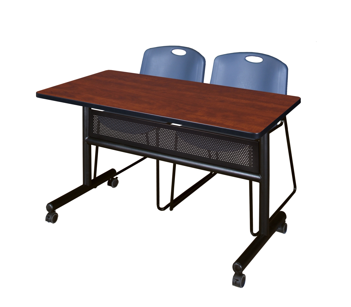 48 x 24 in. Flip Top Mobile Training Table with Modesty Panel Cherry & Blue 2 Zeng Stack Chairs