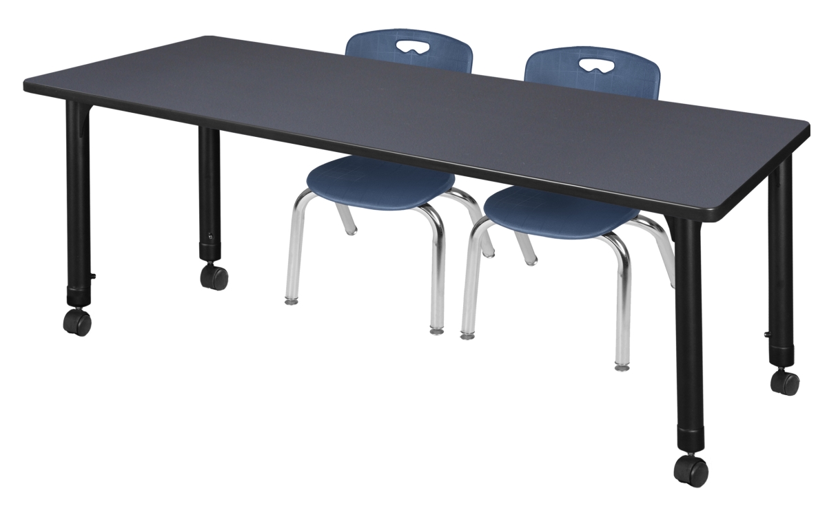 Kee 72 x 30 in. Grey Height Adjustable Mobile Classroom Table & 12 in. Navy Blue 2 Andy Stack Chairs