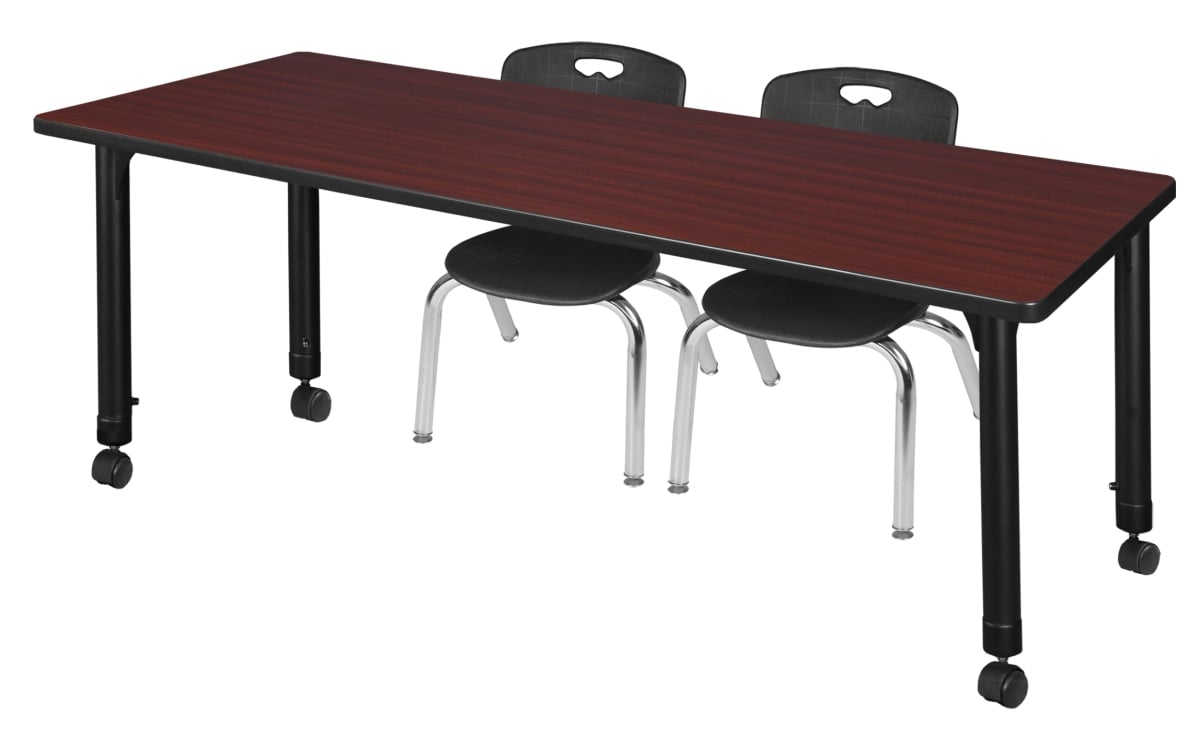 MT7230MHAPCBK45BK Kee 72 x 30 in. Rectangular Height Adjustable Mobile Classroom Table - Mahogany & 2 Andy 12-in Stack Chairs, Black -  Regency