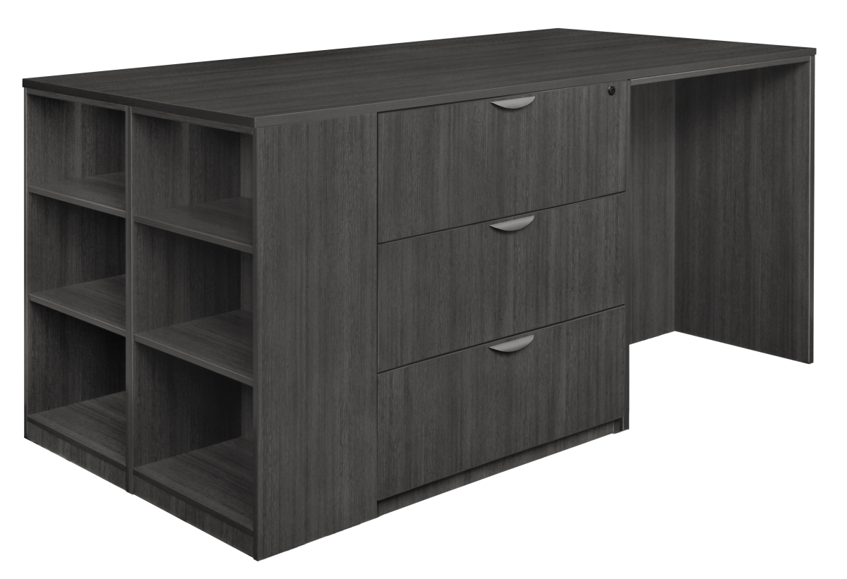 Legacy Stand Up 2 Lateral File & 2 Desk Quad with Bookcase End, Ash Grey