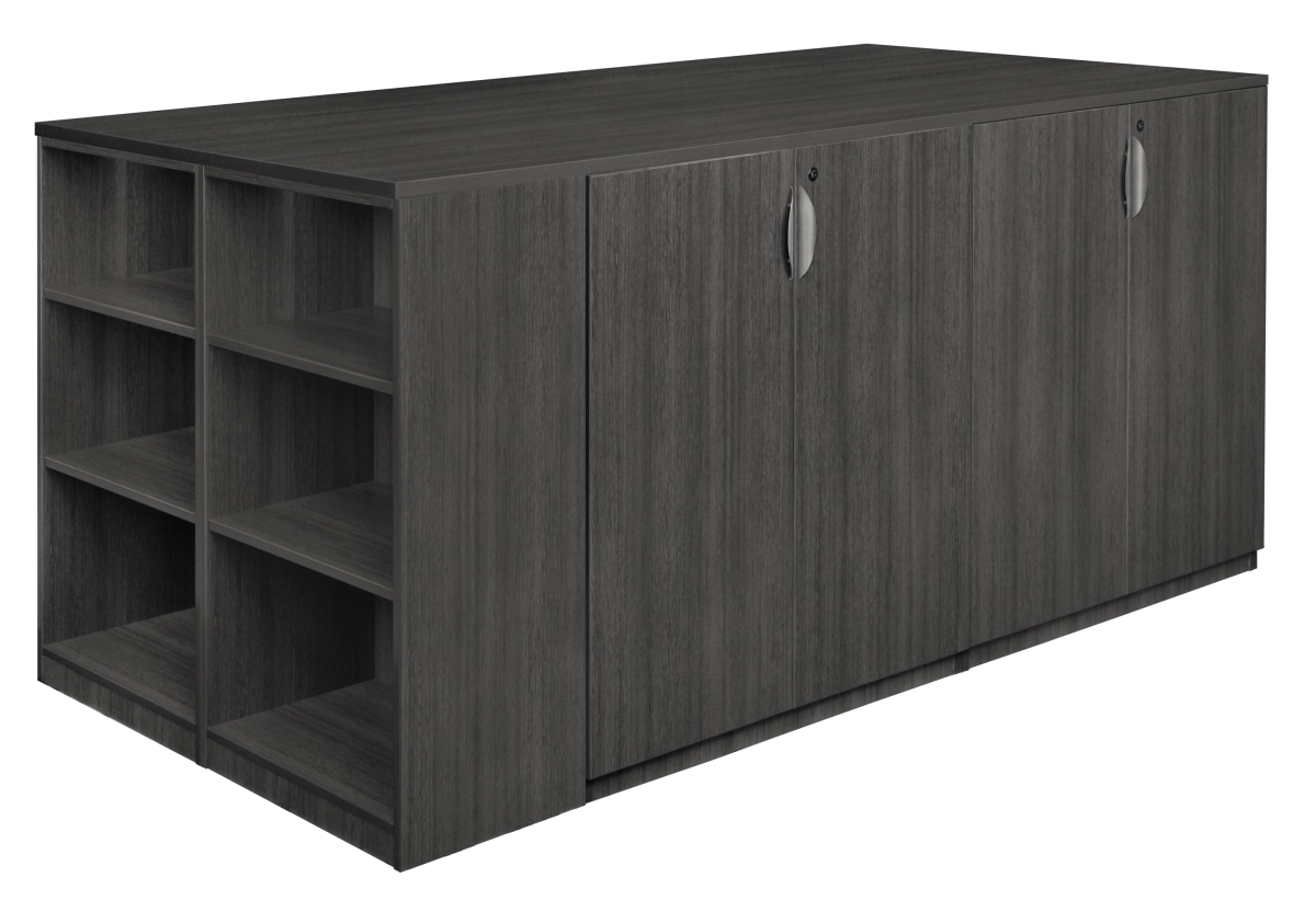 Legacy Stand Up 2 Storage Cabinet & Lateral File & Desk Quad with Bookcase End, Ash Grey
