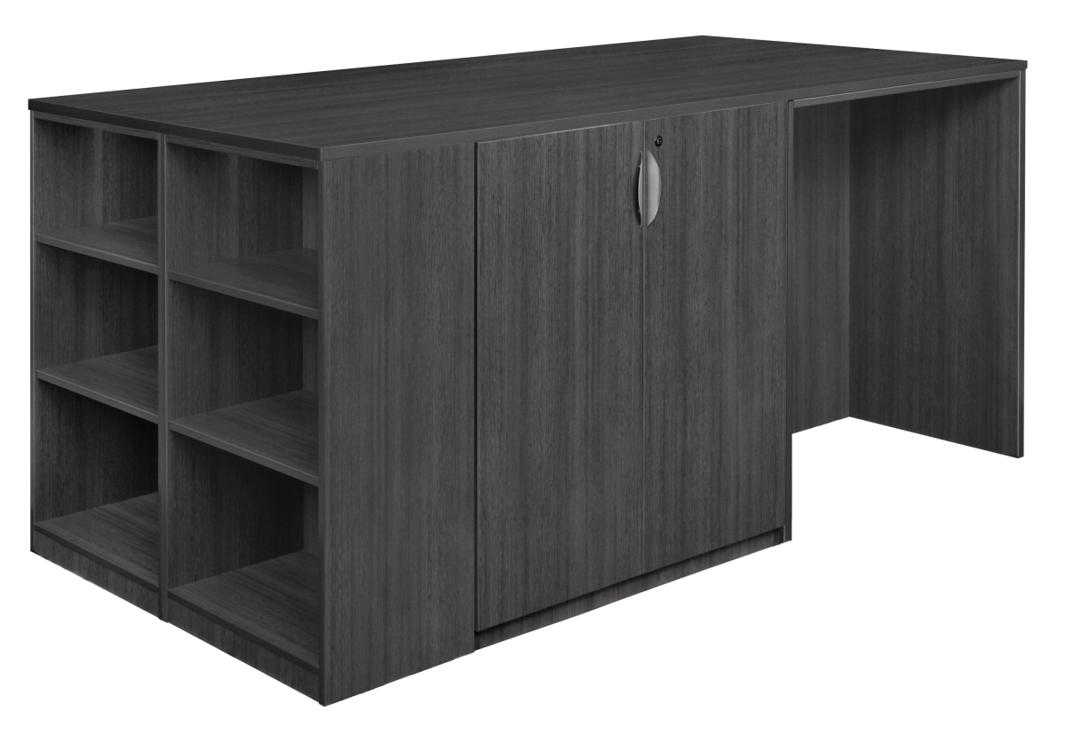 Legacy Stand Up Desk & 3 Storage Cabinet Quad with Bookcase End, Ash Grey