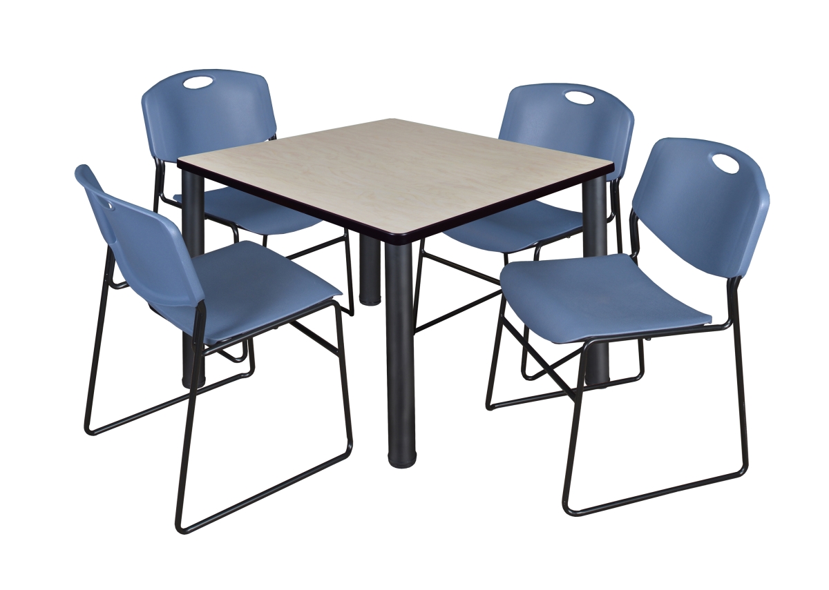 Kee 36 in. Square Breakroom Table & 4 Zeng Stack Chairs, Maple, Black & Blue