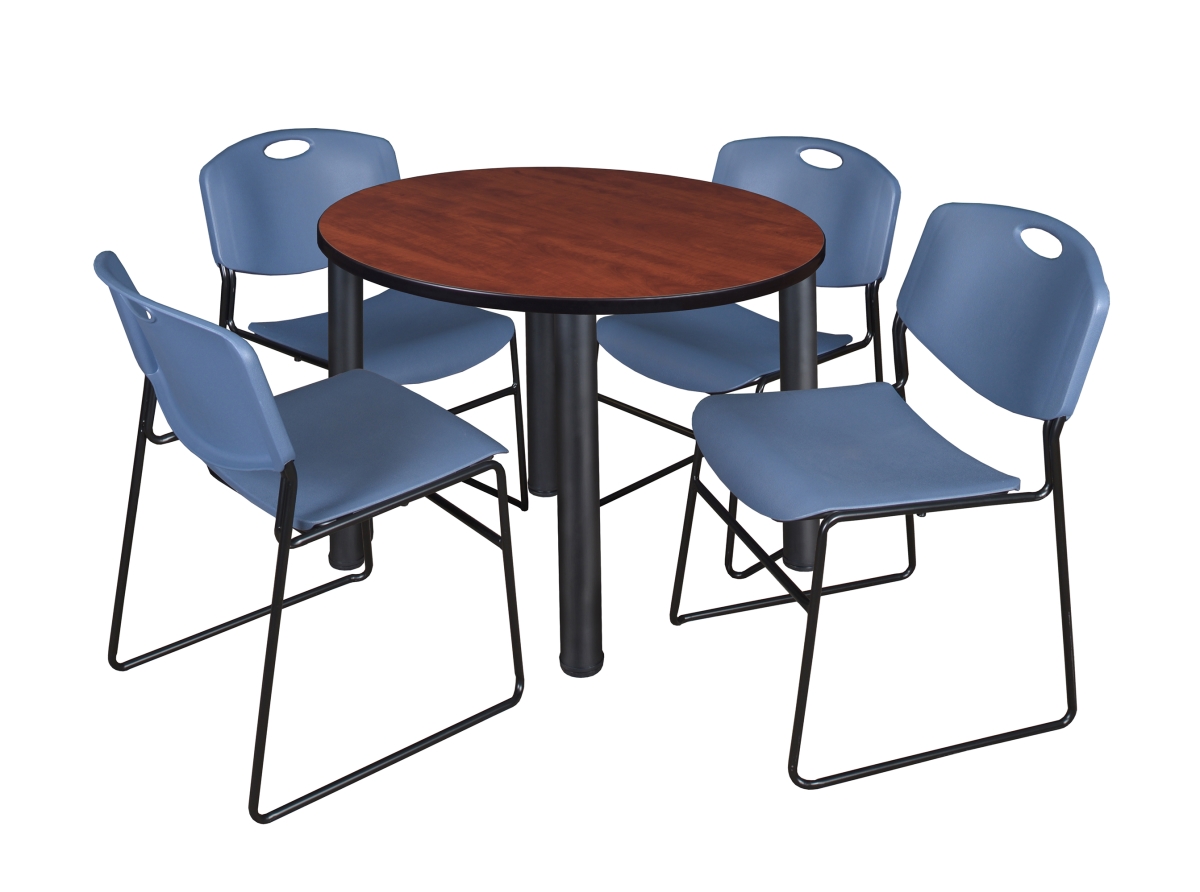 Kee 36 in. Round Breakroom Table & 4 Zeng Stack Chairs, Cherry, Black & Blue