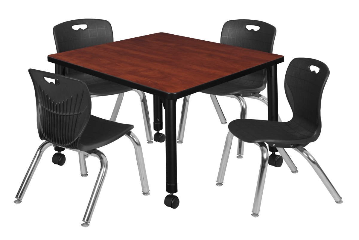 TB3030CHAPCBK45BK Kee 30 in. Square Height Adjustable Mobile Classroom Table - Cherry & 4 Andy 12-in Stack Chairs, Black