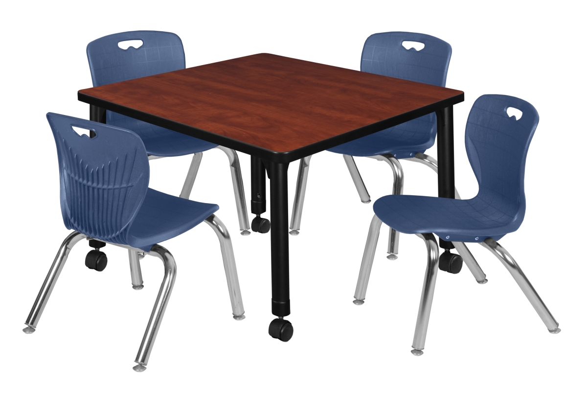 TB3030CHAPCBK45NV Kee 30 in. Cherry Square Height Adjustable Mobile Classroom Table & 12 in. Navy Blue 4 Andy Stack Chairs
