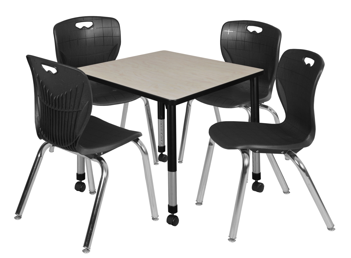TB3030PLAPCBK40BK Kee 30 in. Square Maple Height Adjustable Mobile Classroom Table & 4 18 in. Black 4 Andy Stack Chairs