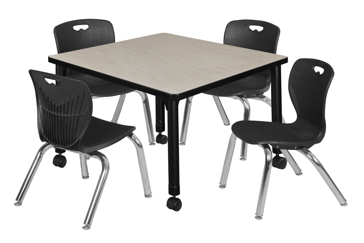 TB3030PLAPCBK45BK Kee 30 in. Square Height Adjustable Mobile Classroom Table - Maple & 4 4 Andy 12-in Stack Chairs, Black
