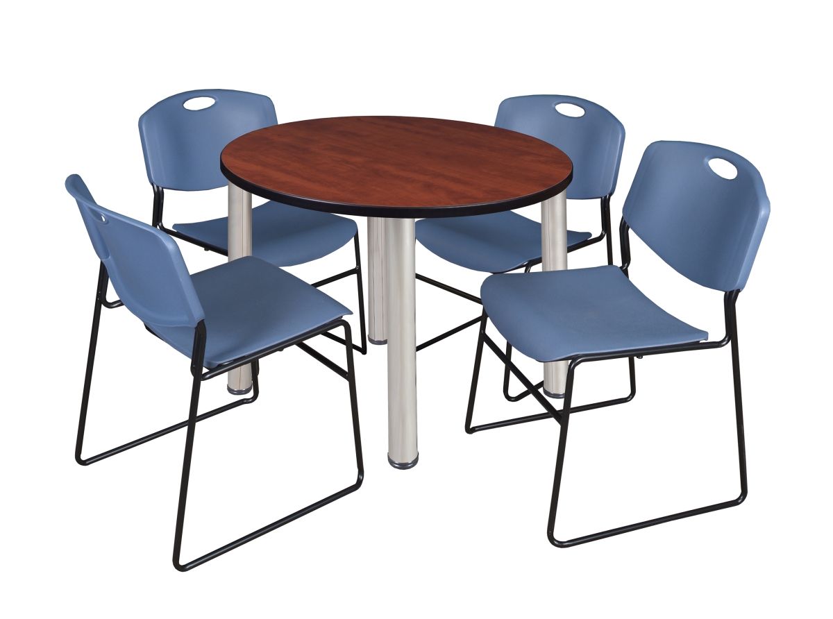 36 in. Kee Round Breakroom Table & 4 Zeng Stack Chairs, Cherry, Chrome & Blue