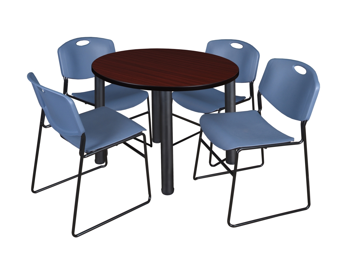 36 in. Kee Round Breakroom Table & 4 Zeng Stack Chairs, Mahogany, Black & Blue